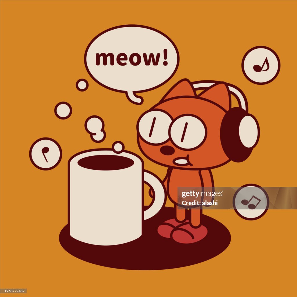 A quirky and cute kitten wearing a headset and drinking a big coffee