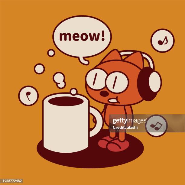 a quirky and cute kitten wearing a headset and drinking a big coffee - eccentric stock illustrations