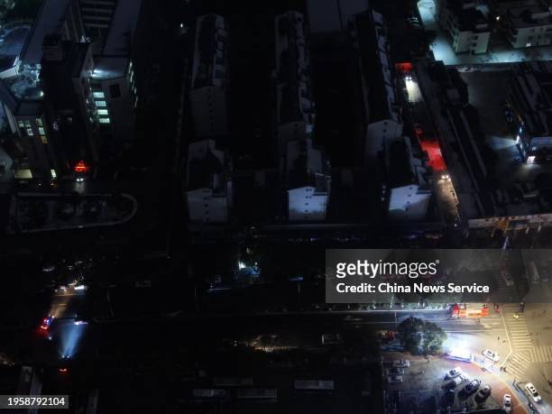 Aerial view of the site of a building fire on January 24, 2024 in Xinyu, Jiangxi Province of China. The fire happened at about 3 p.m. On January 24...