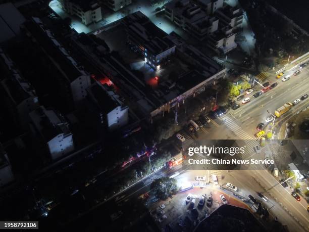 Aerial view of the site of a building fire on January 24, 2024 in Xinyu, Jiangxi Province of China. The fire happened at about 3 p.m. On January 24...