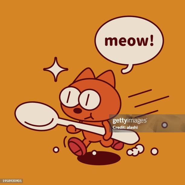 illustrazioni stock, clip art, cartoni animati e icone di tendenza di un gattino eccentrico e carino che tiene un grande cucchiaio e corre - cat food