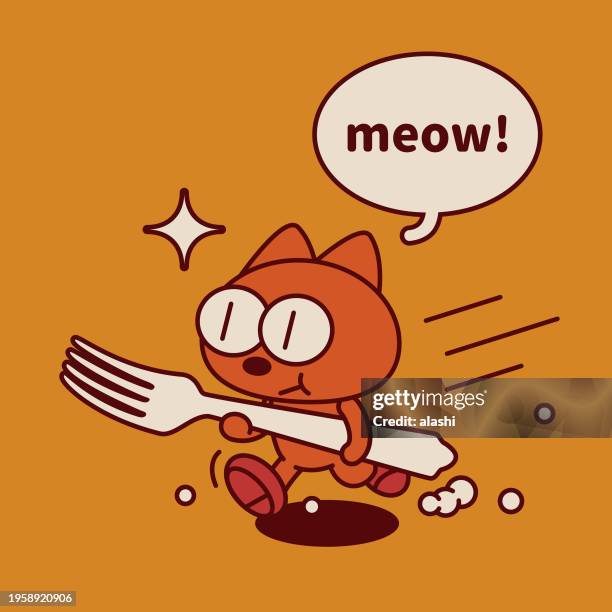 a quirky and cute kitten holding a big fork and running - breakfast with view stock illustrations