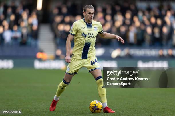 Preston North End's Brad Potts breaks during the Sky Bet Championship match between Millwall and Preston North End at The Den on January 28, 2024 in...