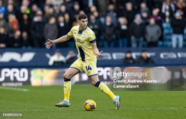 Preston North End's Jordan Storey gestures during the Sky Bet Championship match between Millwall and Preston North End at The Den on January 28,...