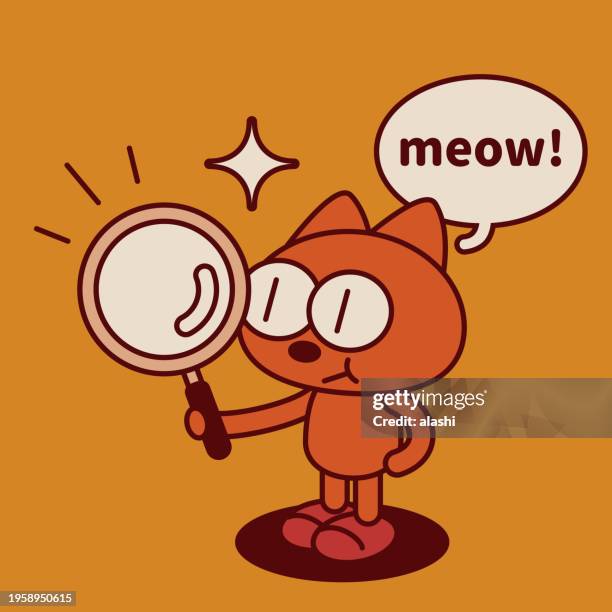 stockillustraties, clipart, cartoons en iconen met a quirky and cute kitten looks through a magnifying glass - inzoomen
