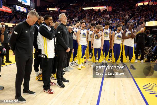 The Golden State Warriors honor assistant coach Dejan Milojevic during a ceremony before their game against the Atlanta Hawks on January 24, 2024 at...