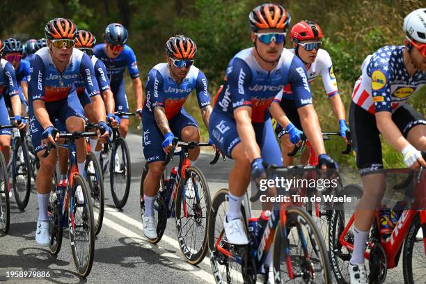 Kelland O'brien of Australia, Caleb Ewan of Australia and Team Jayco-AlUla and Mathias Vacek of Czech Republic and Team Lidl - Trek compete during...