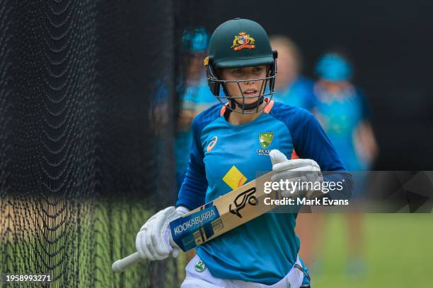 Phoebe Litchfield of Australia waits in the nets during a training session ahead of the Women's International Series between Australia and South...