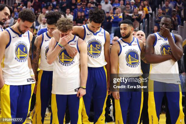 The Golden State Warriors honor assistant coach Dejan Milojevic during a ceremony before their game against the Atlanta Hawks on January 24, 2024 at...