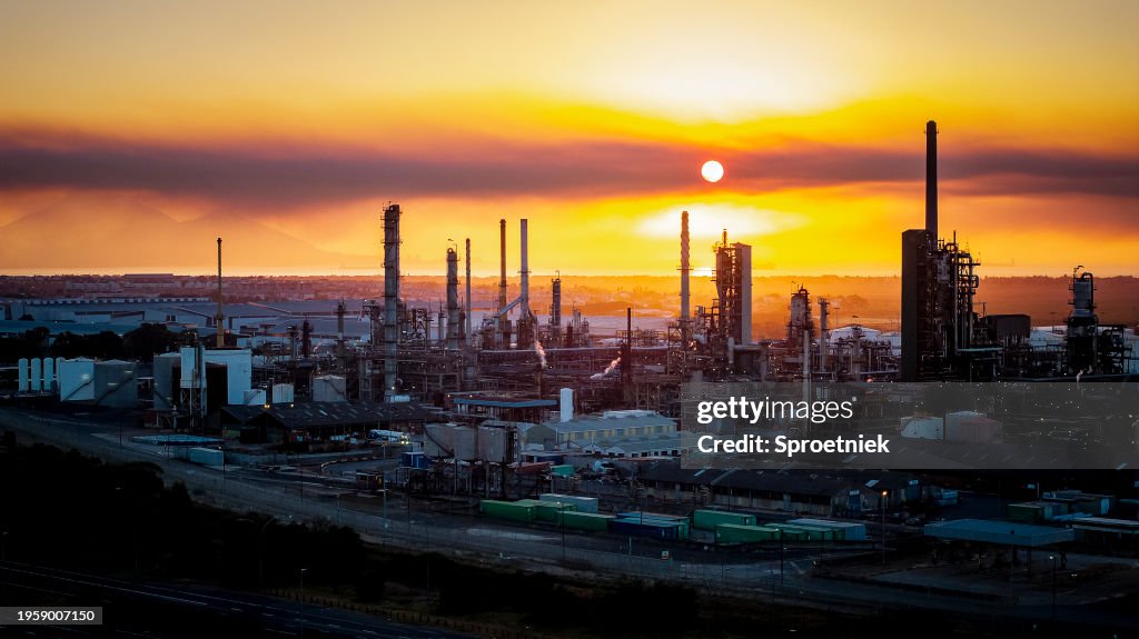 High view of smog-filled air above fuel refinery