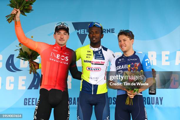 Elia Viviani of Italy and Team INEOS Grenadiers on second place, race winner Biniam Girmay of Eritrea and Team Intermarche-Wanty and Corbin Strong of...