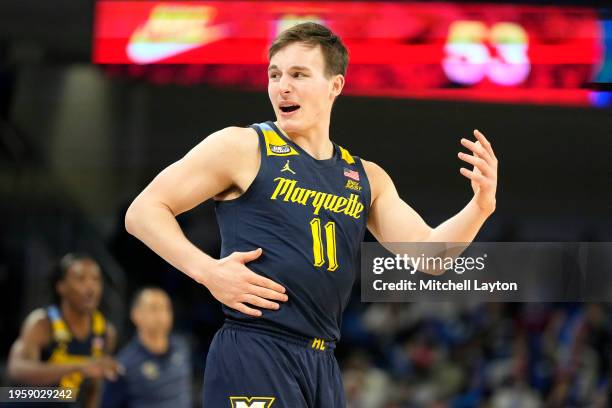 Tyler Kolek of the Marquette Golden Eagles looks on in the second half during a college basketball game against the DePaul Blue Demons at the...