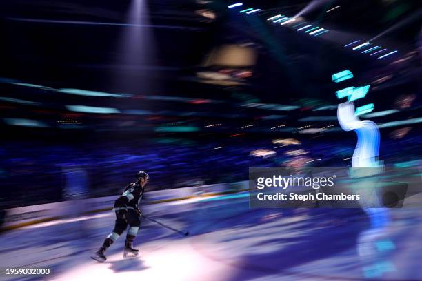 Justin Schultz of the Seattle Kraken warms up before the game against the Chicago Blackhawks at Climate Pledge Arena on January 24, 2024 in Seattle,...