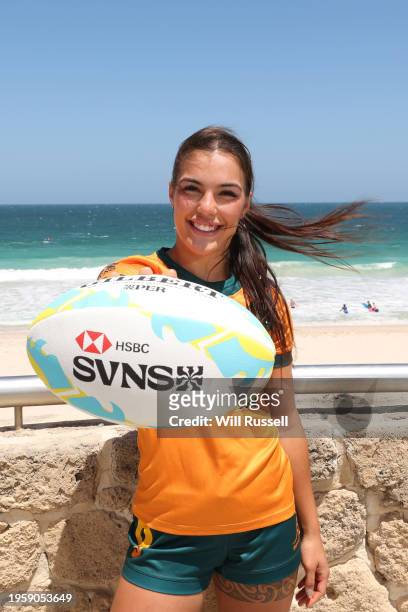 Madison Ashby of Australia poses during a media opportunity ahead of the 2024 Perth SVNS at Scarborough Beach Amphitheatre on January 25, 2024 in...