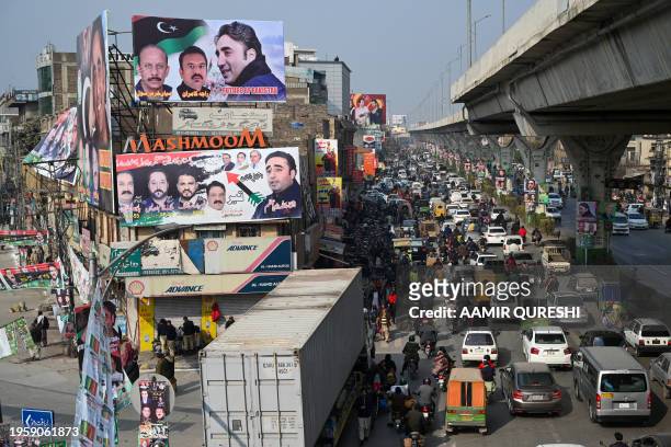 Pakistan People's Party chairman Bilawal Bhutto Zardari's election posters are seen in the vicinity of his campaign rally in Rawalpindi on January...