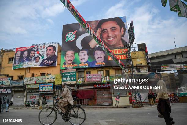 Pakistan People's Party chairman Bilawal Bhutto Zardari's election posters are seen in the vicinity of his campaign rally in Rawalpindi on January...