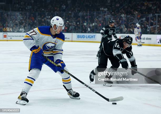 Peterka of the Buffalo Sabres skates the puck against the Los Angeles Kings in the first period at Crypto.com Arena on January 24, 2024 in Los...