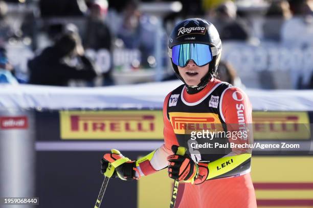 Lara Gut-behrami of Team Switzerland celebrates during the Audi FIS Alpine Ski World Cup Women's Super G on January 28, 2024 in Cortina d'Ampezzo,...