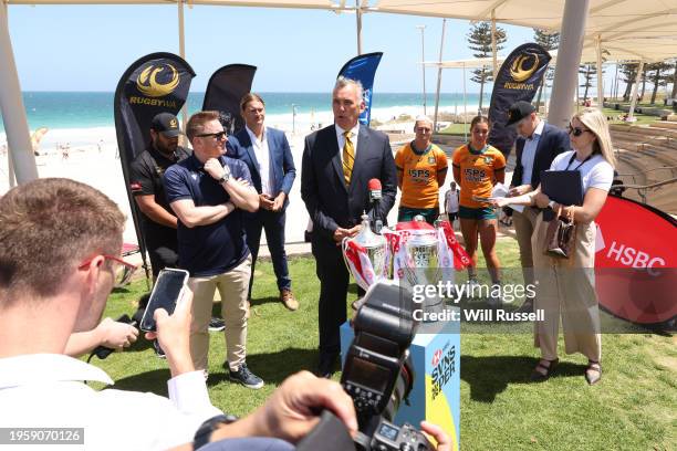 John Welborn, President of Rugby WA speaks during a media opportunity ahead of the 2024 Perth SVNS at Scarborough Beach Amphitheatre on January 25,...