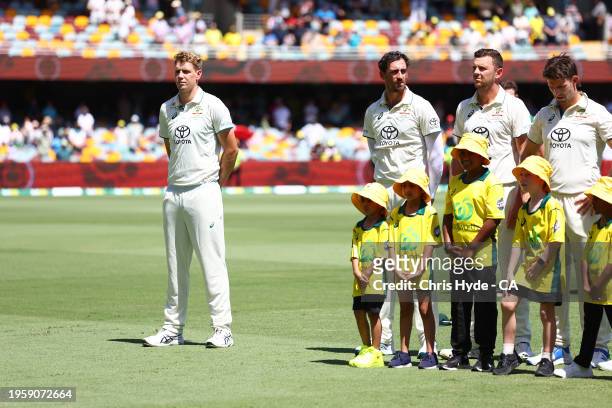 Cameron Green of Australia during National anthems on day one of the Second Test match in the series between Australia and West Indies at The Gabba...