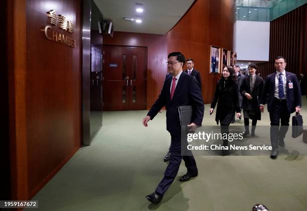 Hong Kong Chief Executive John Lee Ka-chiu arrives for a question-and-answer session at the Legislative Council on January 25, 2024 in Hong Kong,...