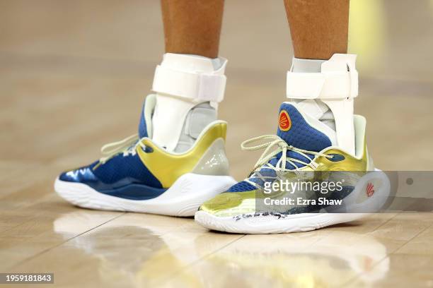 Close up of the Under Armour sneakers worn by Stephen Curry of the Golden State Warriors during their game against the Atlanta Hawks in the first...