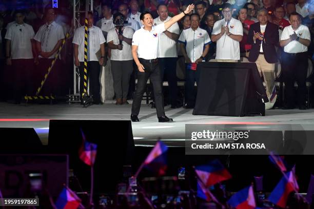 Philippine President Ferdinand Marcos Jr arrives to attend the kick-off rally for the New Philippines movement at Quirino Grandstand in Manila on...