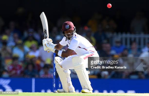 Kavem Hodge of the West Indies ducks under a bouncer during day one of the Second Test match in the series between Australia and West Indies at The...