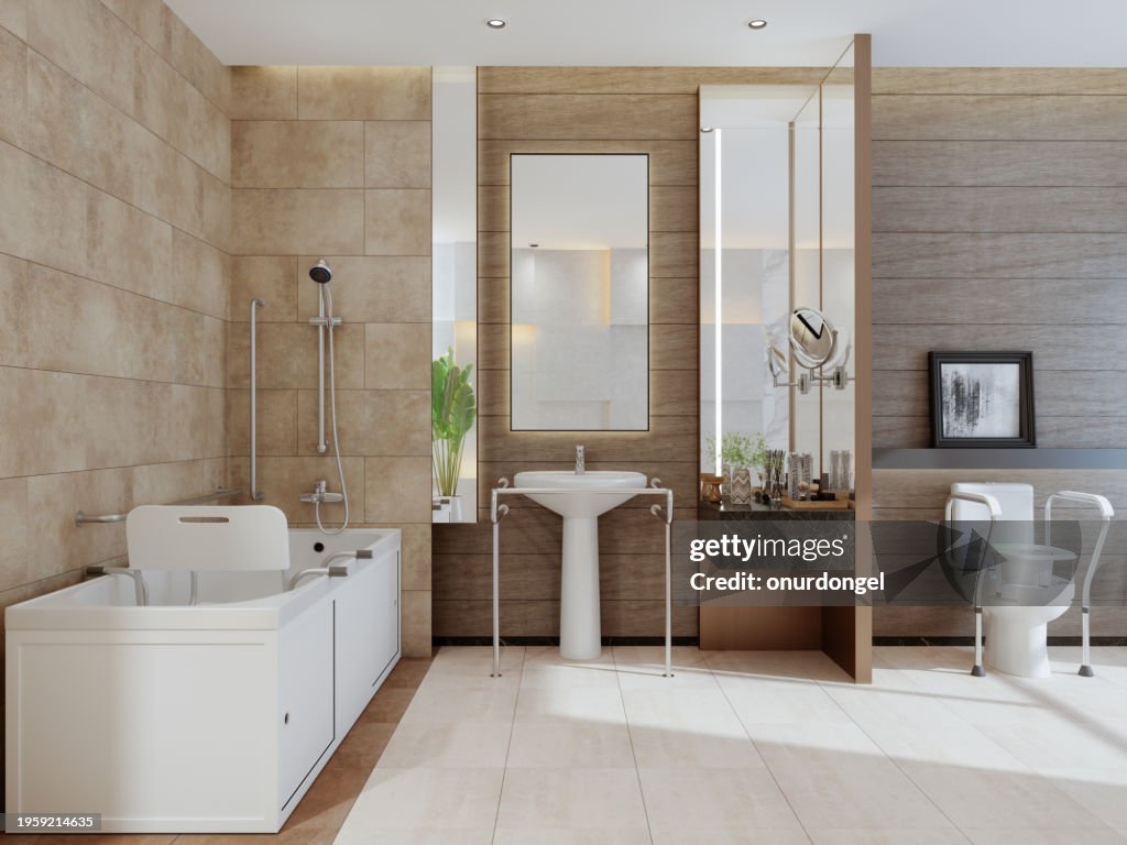 Modern Bathroom Interior With Bathtub, Toilet And Sink For People With Disabilities