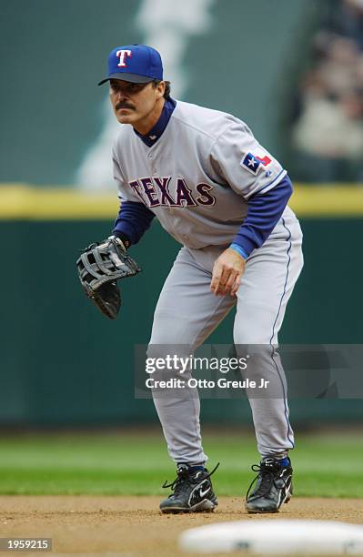 First baseman Rafael Palmeiro of the Texas Rangers readies for the play during the game against the Seattle Mariners at Safeco Field on April 13,...