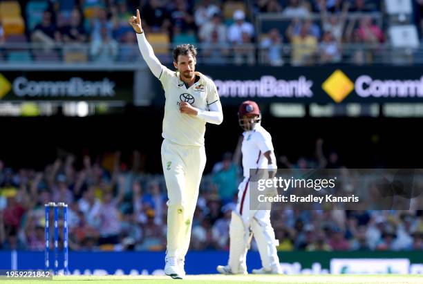 Mitchell Starc of Australia celebrates taking the wicket of Justin Greaves of the West Indies during day one of the Second Test match in the series...