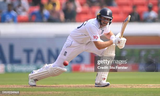 Joe Root of England bats during day one of the 1st Test Match between India and England at Rajiv Gandhi International Stadium on January 25, 2024 in...