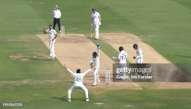 India bowler Ravi Ashwin celebrates after taking the wicket of England batsman Ben Duckett during day one of the 1st Test Match between India and...