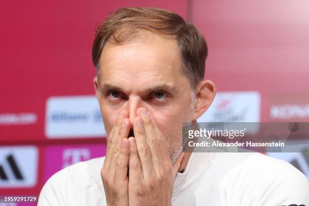 Thomas Tuchel, head coach of FC Bayern München look on during a press conference after the Bundesliga match between FC Bayern München and 1. FC Union...