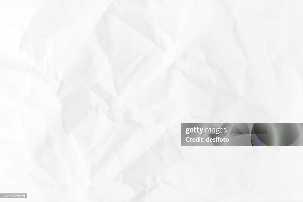 White coloured crumpled crushed wrinkled paper horizontal vector backgrounds with folds, wrinkles and creases all over and soft edges like a plain blank empty waste page