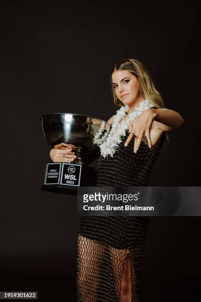 Longboard Champion Soleil Errico of the United States at the WSL Awards prior to the commencement of the Lexus Pipe Pro on January 27, 2024 at Oahu,...