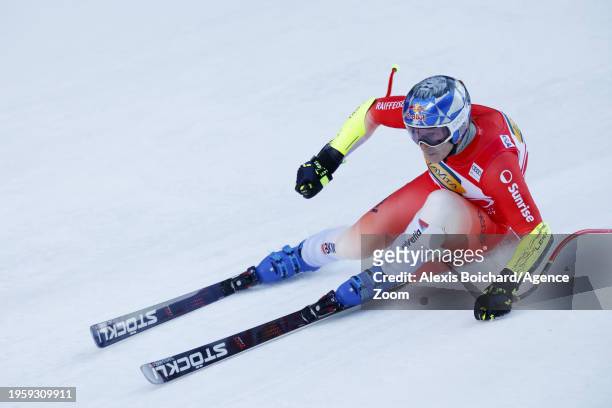 Marco Odermatt of Team Switzerland in action during the Audi FIS Alpine Ski World Cup Men's Super G on January 28, 2024 in Garmisch Partenkirchen,...