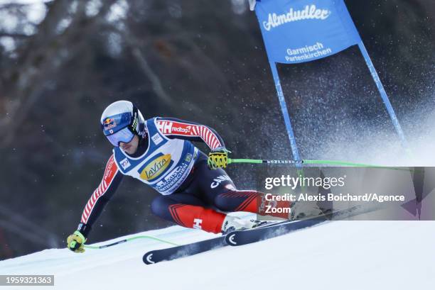 James Crawford of Team Canada in action during the Audi FIS Alpine Ski World Cup Men's Super G on January 28, 2024 in Garmisch Partenkirchen, Germany.