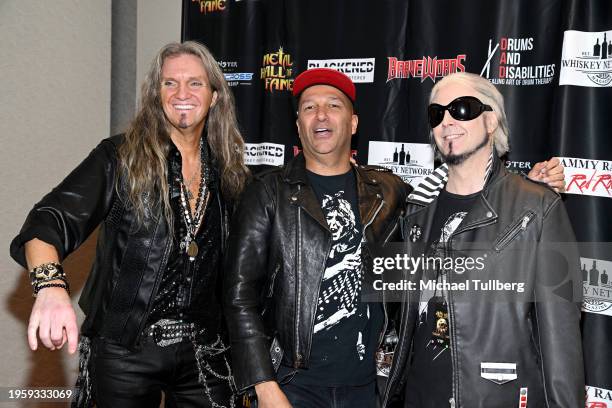 Musicians Joel Hoekstra, Tom Morello and John 5 attend the 7th annual Metal Hall Of Fame Gala at Delta Hotels by Marriott Anaheim Garden Grove on...