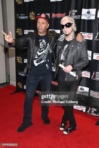 Musicians Tom Morello and John 5 attend the 7th annual Metal Hall Of Fame Gala at Delta Hotels by Marriott Anaheim Garden Grove on January 24, 2024...