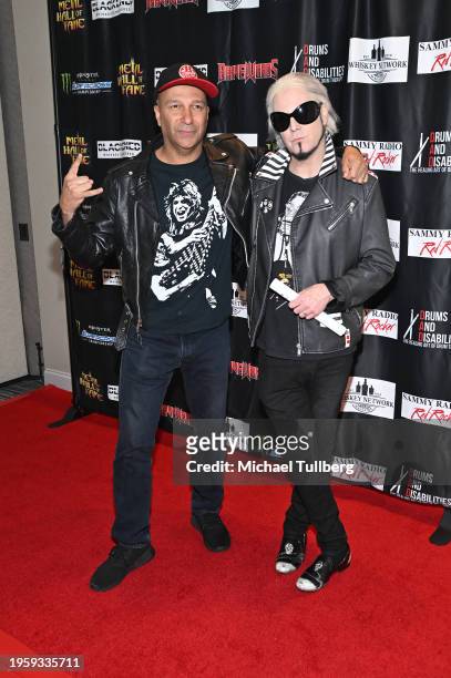 Musicians Tom Morello and John 5 attend the 7th annual Metal Hall Of Fame Gala at Delta Hotels by Marriott Anaheim Garden Grove on January 24, 2024...