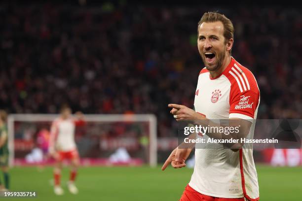 Harry Kane of FC Bayern München celebrates during the Bundesliga match between FC Bayern München and 1. FC Union Berlin at Allianz Arena on January...