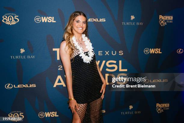 Longboard Champion Soleil Errico of the United States arriving at the WSL Awards prior to the commencement of the Lexus Pipe Pro on January 27, 2024...