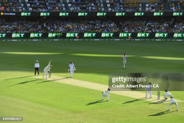 General view is seen as Nathan Lyon of Australia bowls during day one of the Second Test match in the series between Australia and West Indies at The...