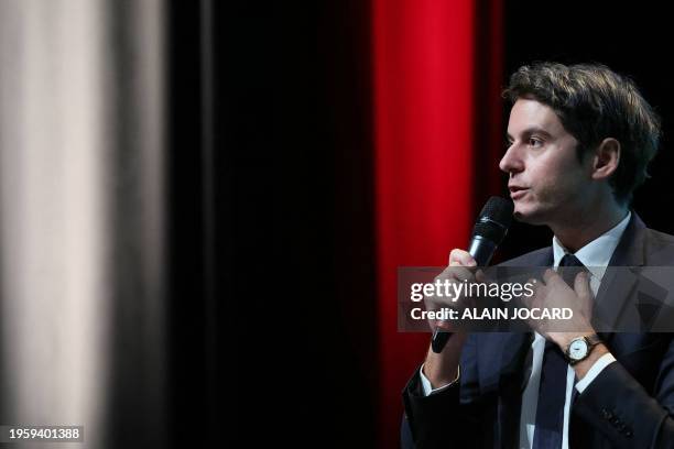 French Prime Minister Gabriel Attal delivers a speech in La Riche, near Tours, on January 28 amid nationwide protests called by several farmers...