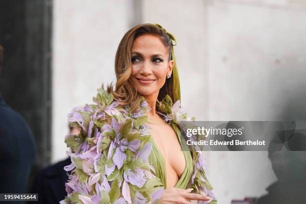 Jennifer Lopez is seen, outside Elie Saab, during the Haute Couture Spring/ Summer 2024 as part of Paris Fashion Week on January 24, 2024 in Paris,...