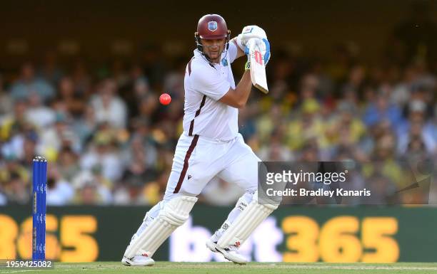 Joshua Da Silva of the West Indies plays a shot during day one of the Second Test match in the series between Australia and West Indies at The Gabba...