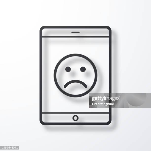 ilustrações, clipart, desenhos animados e ícones de tablet pc com emoji triste. ícone de linha com sombra no fundo branco - disappointing phone