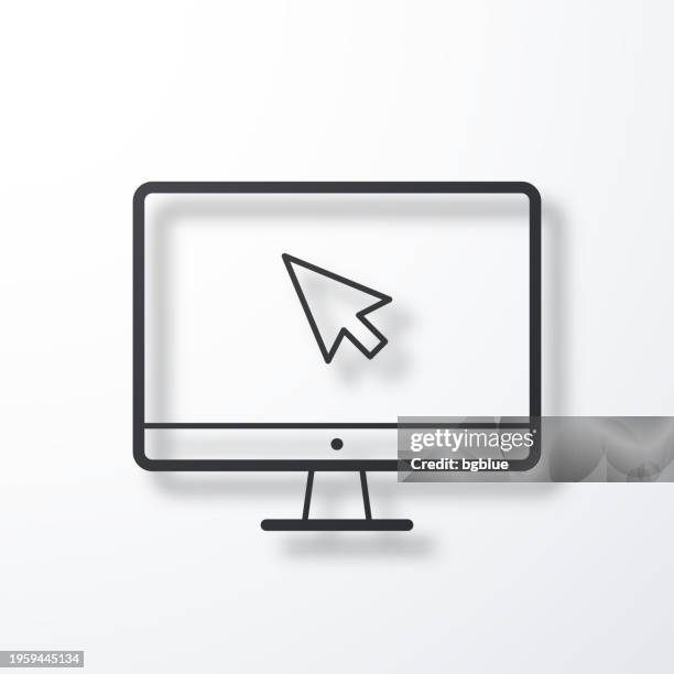 desktop computer with pointer. line icon with shadow on white background - using computer blank screen stock illustrations