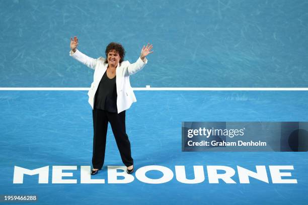 Evonne Goolagong Cawley acknowledges the crowd during a special ceremony on Rod Laver Arena announcing that from 2025 the Australian Open’s annual...